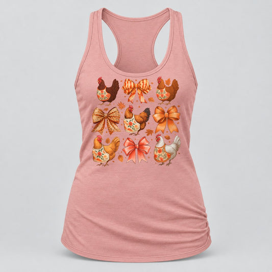 Fall Chickens & Bows racerback tank in Desert Pink