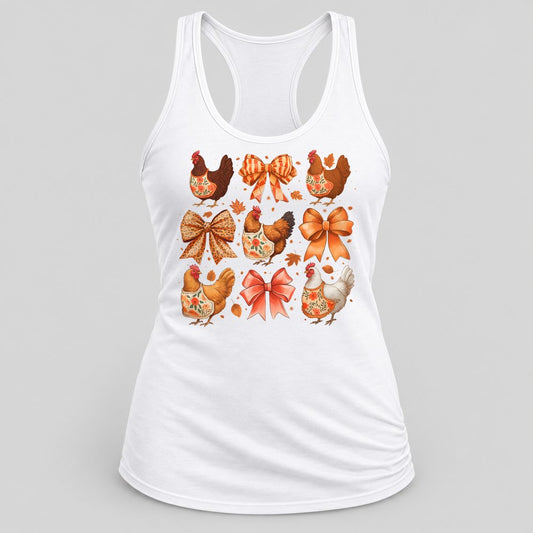 Fall Chickens & Bows racerback tank in White
