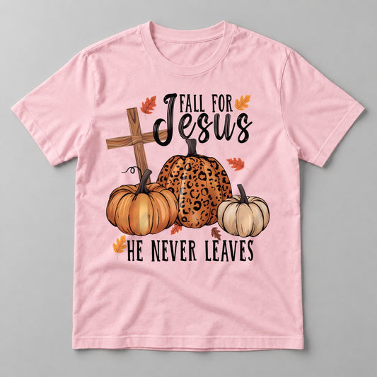 Fall for Jesus He Never Leaves tee in Soft Pink