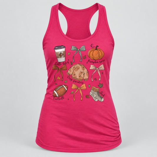 Fall Season Doodles racerback tank in Raspberry