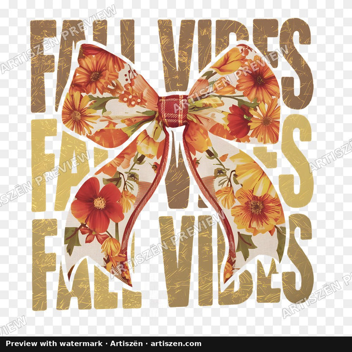 Fall Vibes Floral Bow Gold PNG preview