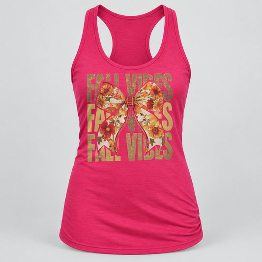Fall Vibes Floral Bow Gold racerback tank in Raspberry
