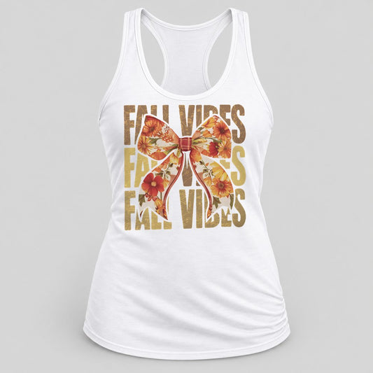 Fall Vibes Floral Bow Gold racerback tank in White