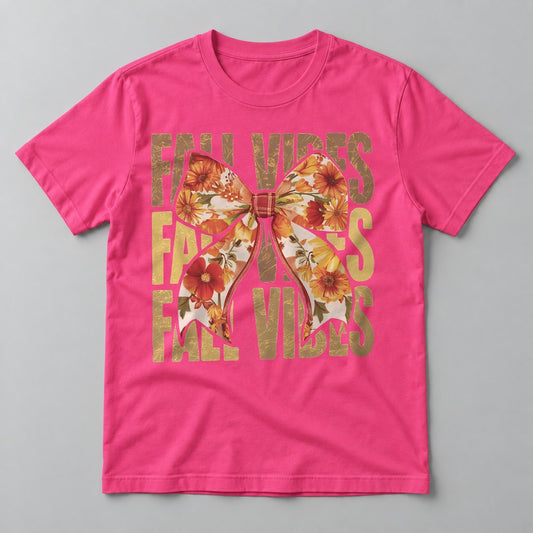 Fall Vibes Floral Bow Gold tee in Hot Pink