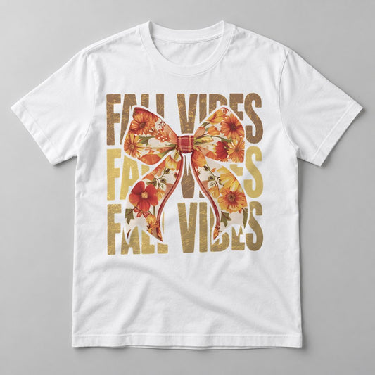 Fall Vibes Floral Bow Gold pressed on a White tee