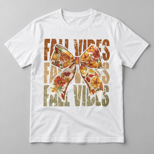 Fall Vibes Floral Bow Olive pressed on a White tee
