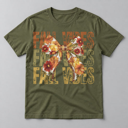 Fall Vibes Floral Bow Rust tee in Military Green