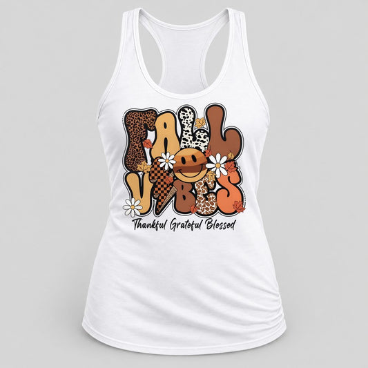 Fall Vibes Thankful Grateful Blessed racerback tank in White