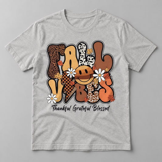 Fall Vibes Thankful Grateful Blessed tee in Athletic Heather