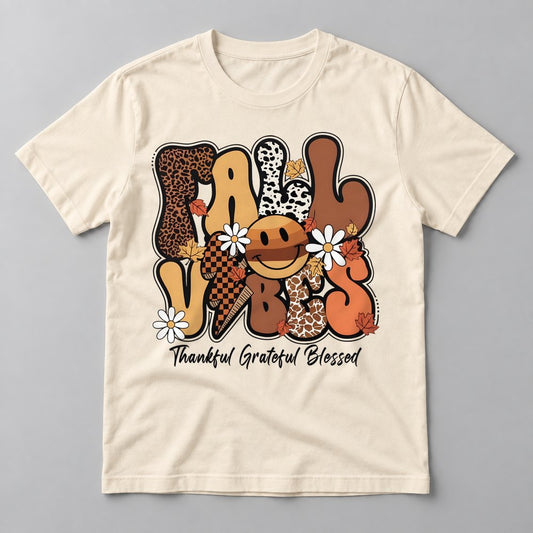 Fall Vibes Thankful Grateful Blessed tee in Natural