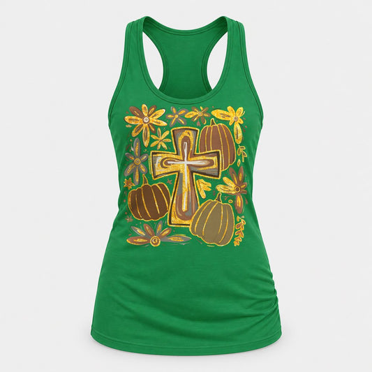 Floral Cross Pumpkins racerback tank in Kelly Green