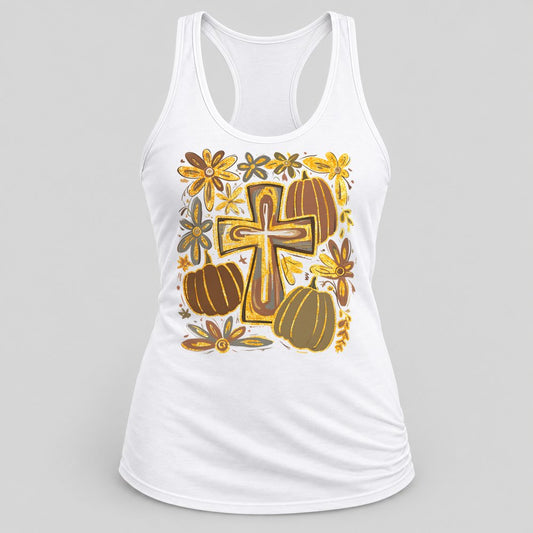 Floral Cross Pumpkins racerback tank in White