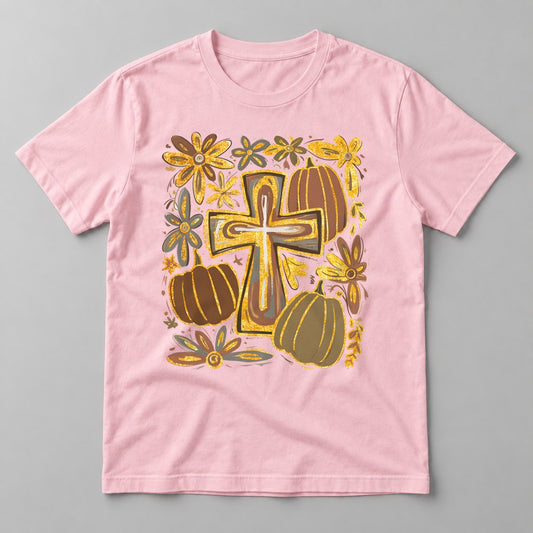 Floral Cross Pumpkins tee in Soft Pink