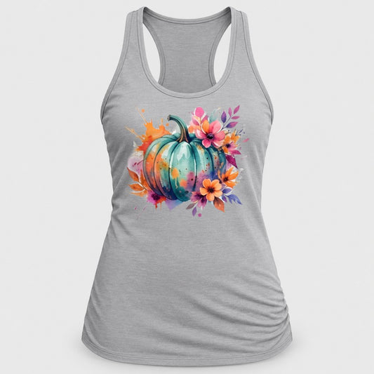 Floral Splash Teal Pumpkin racerback tank in Silver