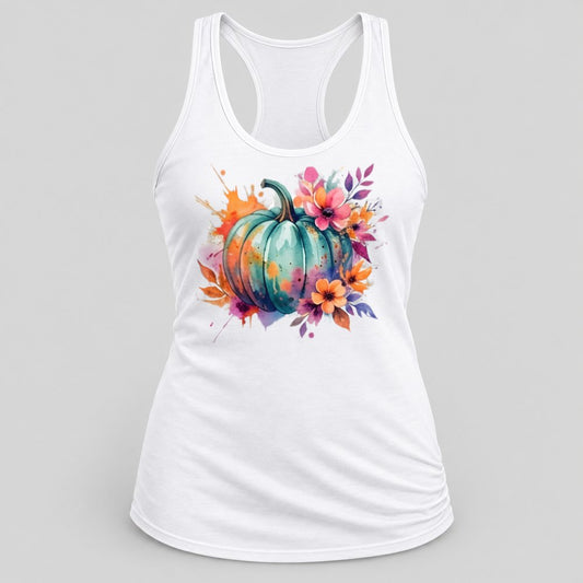 Floral Splash Teal Pumpkin racerback tank in White