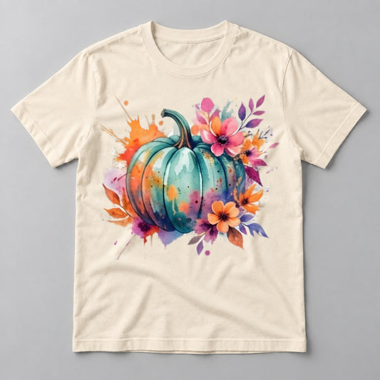 Floral Splash Teal Pumpkin tee in Natural