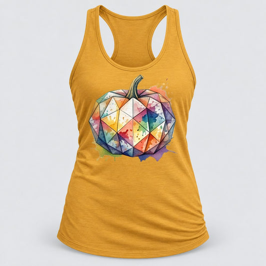 Geometric Watercolor Pumpkin racerback tank in Antique Gold