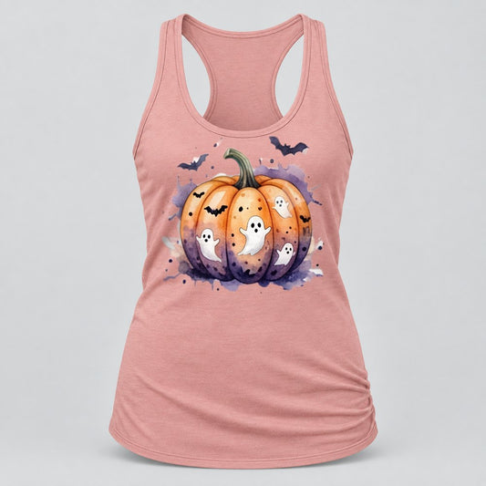 Ghostly Watercolor Pumpkin racerback tank in Desert Pink