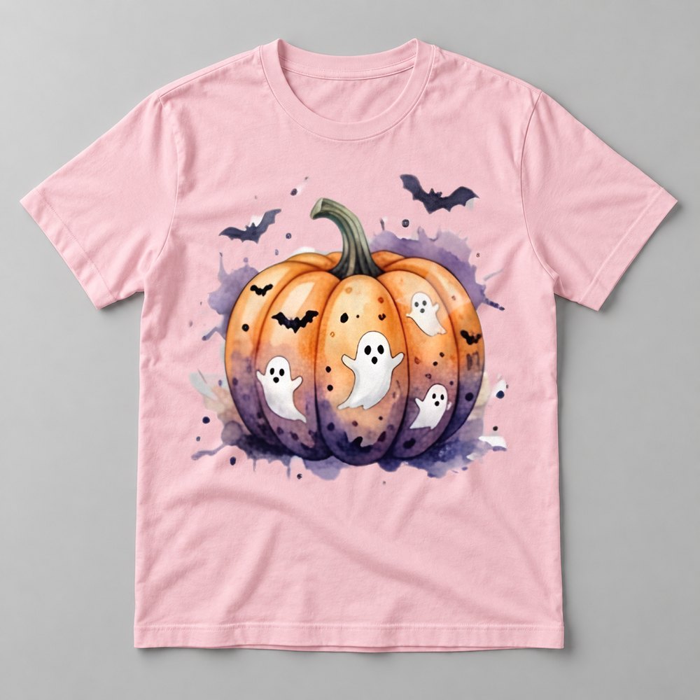 Ghostly Watercolor Pumpkin tee in Soft Pink