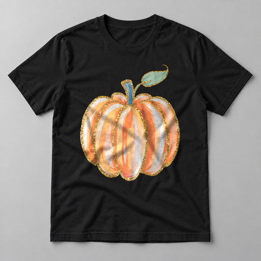 Glitter Striped Pumpkin pressed on a Black tee