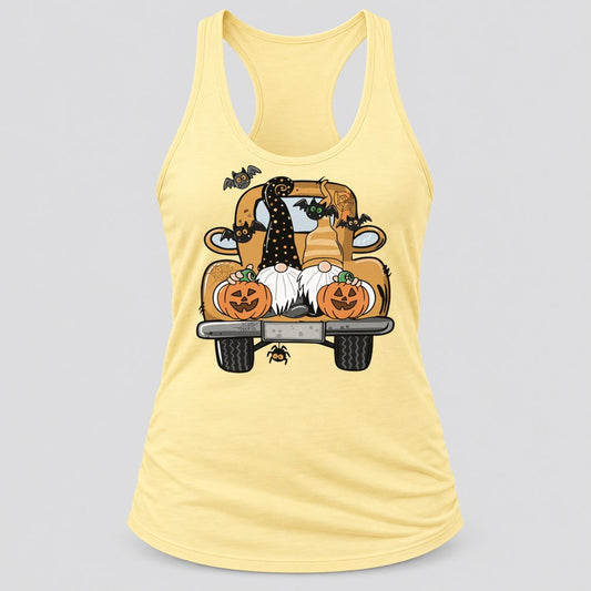 Gnome Halloween Truck racerback tank in Banana Cream