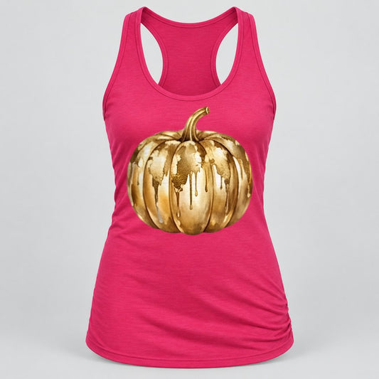 Gold Drip Pumpkin racerback tank in Raspberry