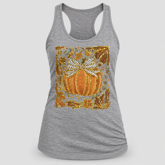 Gold Pumpkin Frame racerback tank in Heather Grey