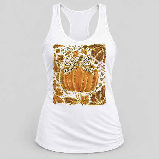 Gold Pumpkin Frame racerback tank in White