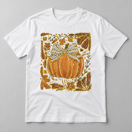 Gold Pumpkin Frame pressed on a White tee