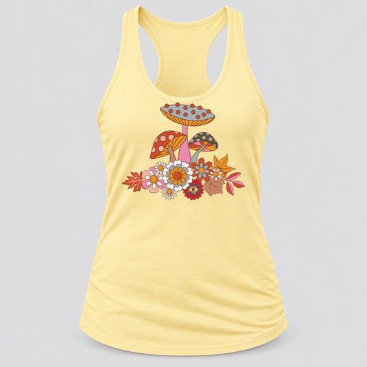 Groovy Mushroom Bouquet racerback tank in Banana Cream