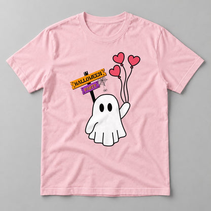 Halloween Party Ghost example on a Soft Pink tee