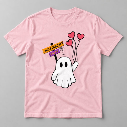Halloween Party Ghost example on a Soft Pink tee