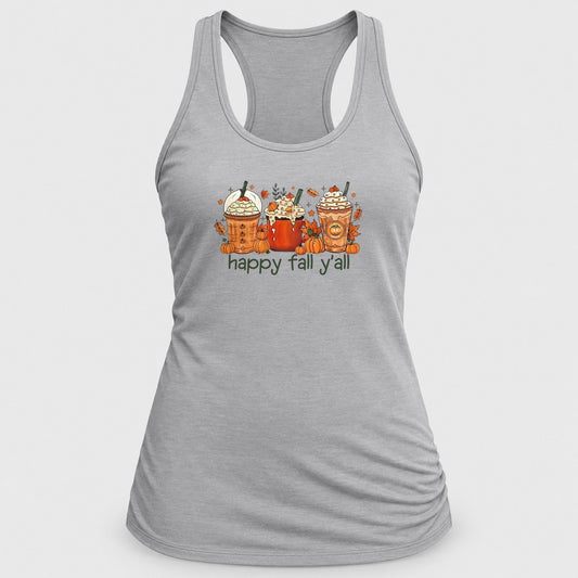 Happy Fall Y'all Lattes racerback tank in Silver