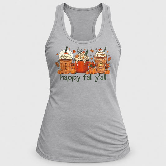 Happy Fall Y'all Lattes racerback tank in Silver
