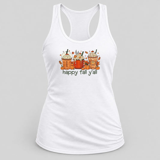 Happy Fall Y'all Lattes racerback tank in White