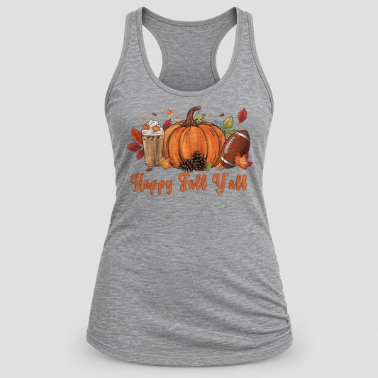 Happy Fall Y'all Pumpkin Latte racerback tank in Heather Grey