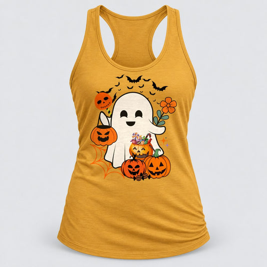 Happy Ghost Trick or Treat racerback tank in Antique Gold