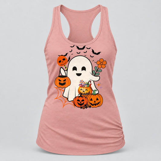 Happy Ghost Trick or Treat racerback tank in Desert Pink