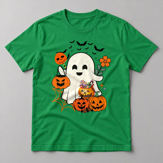 Happy Ghost Trick or Treat tee in Kelly Green