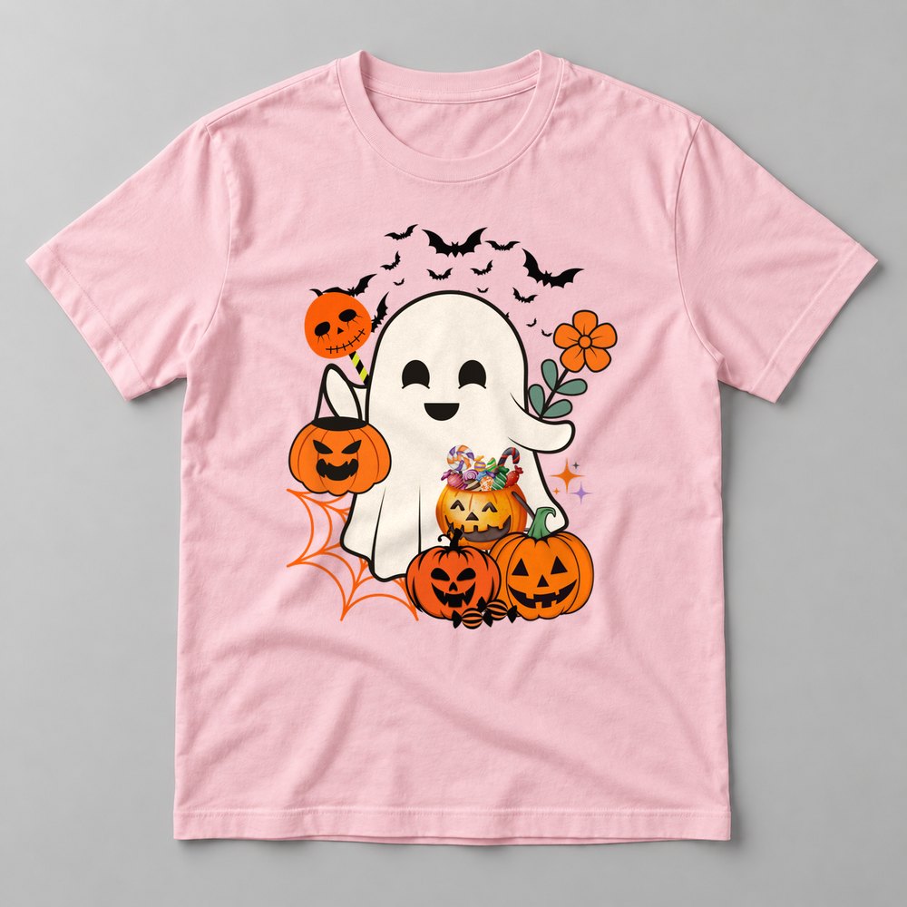 Happy Ghost Trick or Treat tee in Soft Pink
