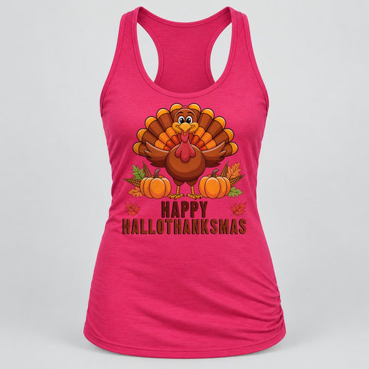 Happy Hallothanksmas racerback tank in Raspberry
