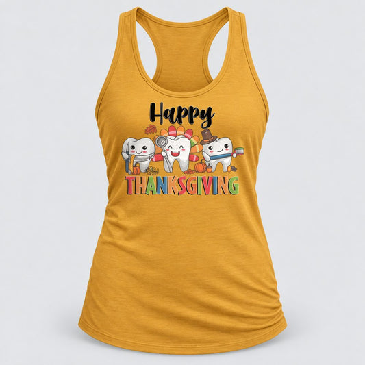 Happy Thanksgiving Teeth racerback tank in Antique Gold