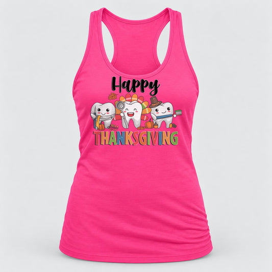 Happy Thanksgiving Teeth racerback tank in Hot Pink