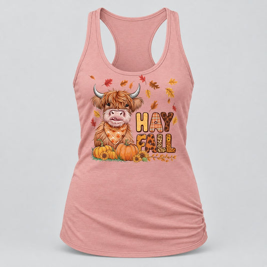 Hay Fall Highland Cow racerback tank in Desert Pink
