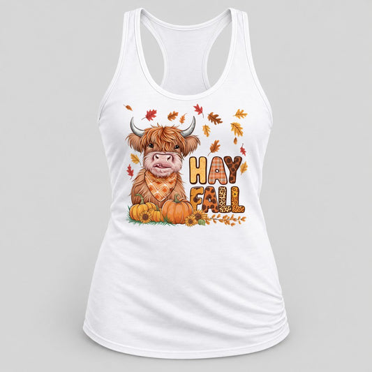 Hay Fall Highland Cow racerback tank in White
