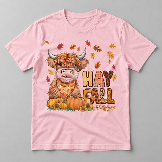 Hay Fall Highland Cow tee in Soft Pink