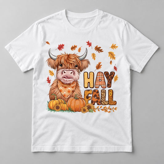 Hay Fall Highland Cow pressed on a White tee