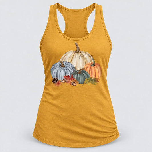 Heirloom Pumpkins racerback tank in Antique Gold