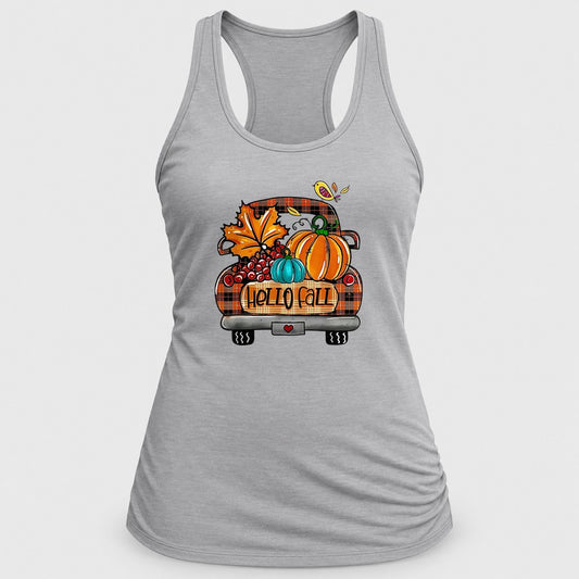 Hello Fall Plaid Truck racerback tank in Silver