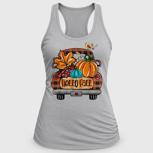 Hello Fall Plaid Truck racerback tank in Silver
